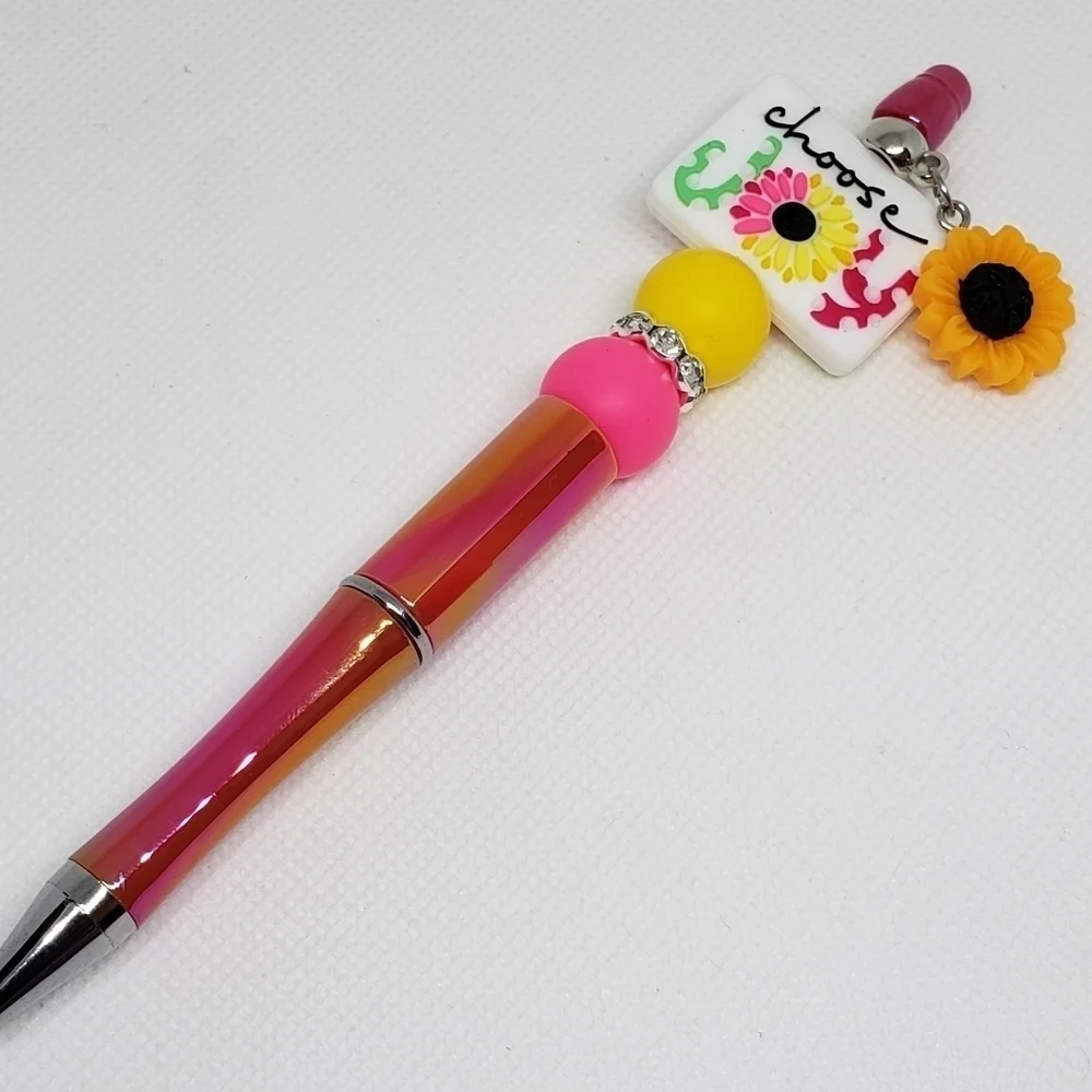 Handmade UV Iridescent Choose Joy Sunflower Beaded Silicone Focal Bead Pen